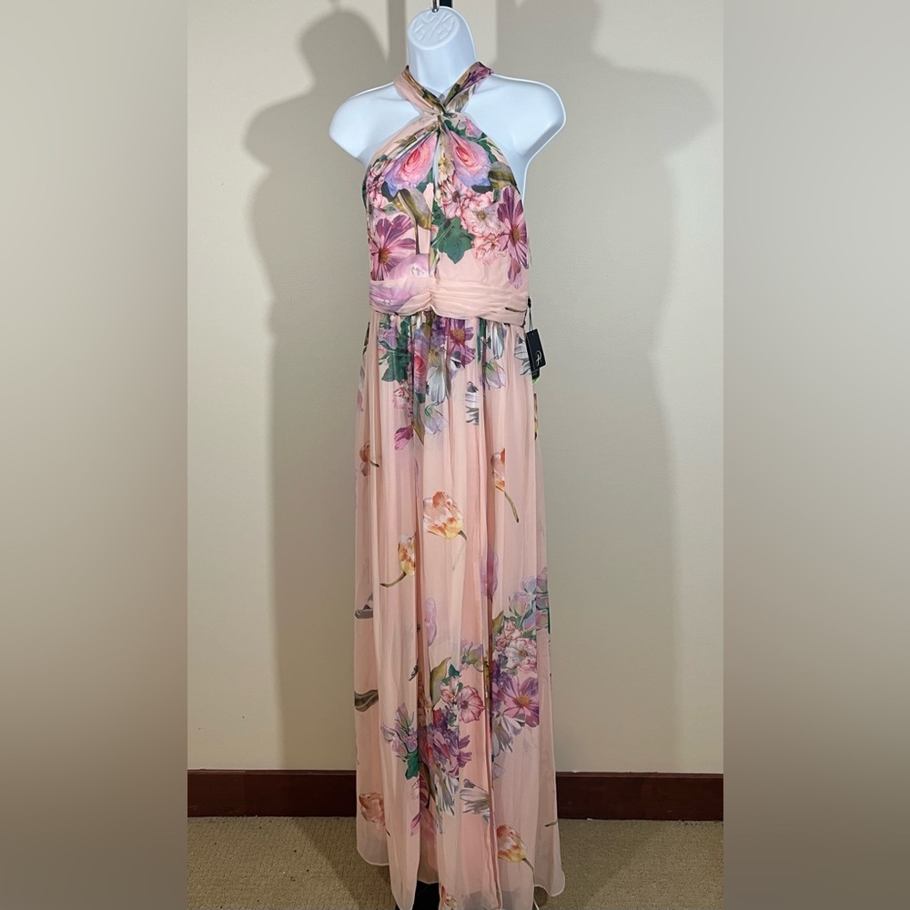 Nwt Adrianna Papell womens size 12 halter style pink long floral dress Quality!